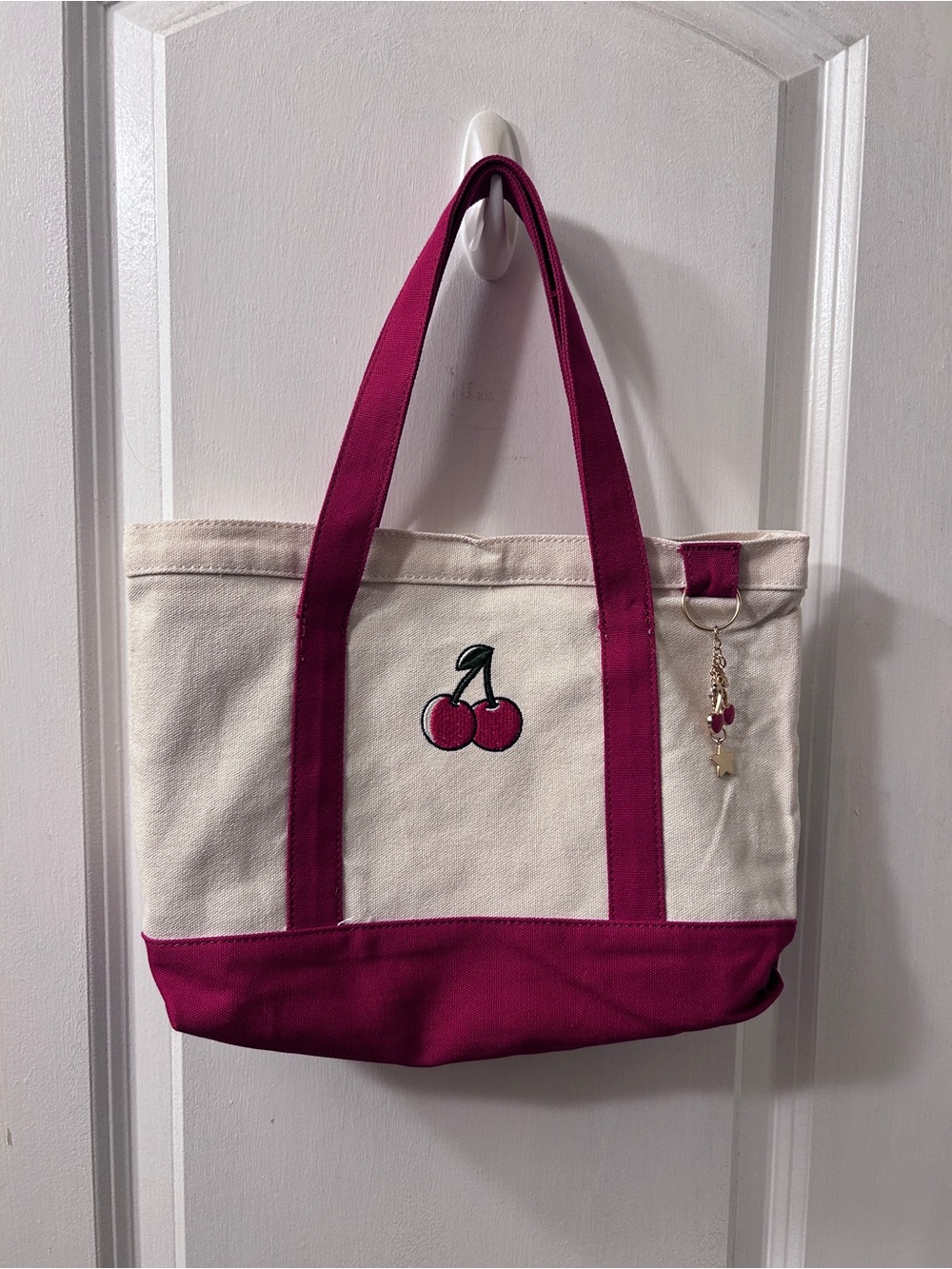 Canvas Cherry Tote Bag with Red Trim